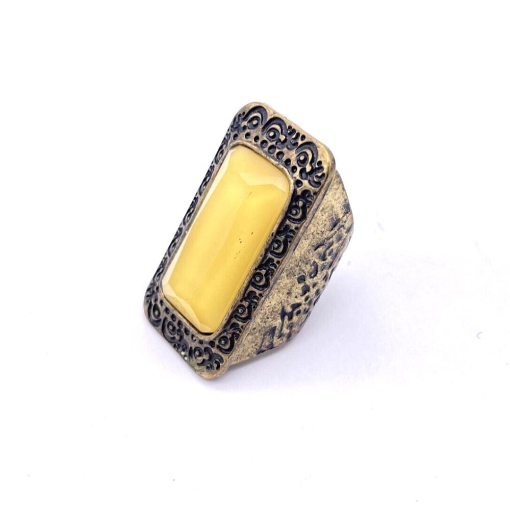 Faceted Rectangle Amber Faux Gemstone Hand Engraved Ring Size 6